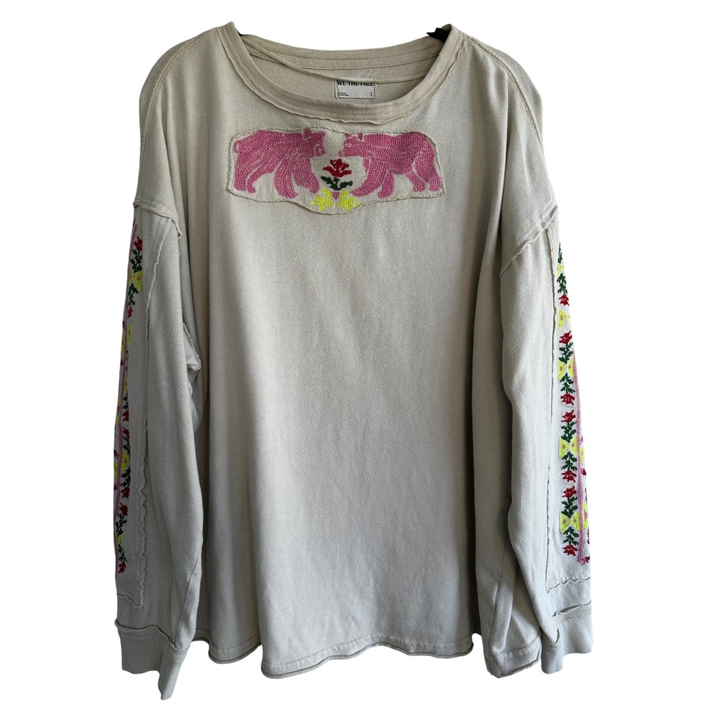 Free People All My Heart Embroidered Bear Long Sleeve Tee Sweatshirt Large